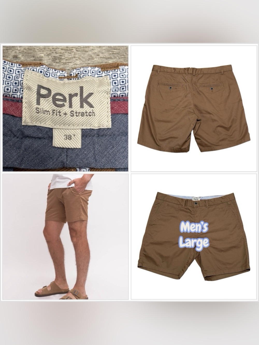 Mens Perk 38 Large Golf Shorts Chino Khakis Stretch Smooth Oak Slim Flex Fit